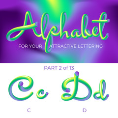 3D neon led alphabet font. Logo C letter, D letter with rounded shapes. Matte three-dimensional letters from the tube, rope green and purple.  Tube Hand-Drawn Lettering. Typography for Music Poster, S