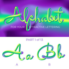 3D neon led alphabet font. Logo A letter, B letter with rounded shapes. Matte three-dimensional letters from the tube, rope green and purple.  Tube Hand-Drawn Lettering. Typography for Music Poster, S