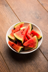 Watermelon / tarbooj fruit cube slices served in a bowl. selective focus