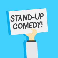 Handwriting text writing Stand Up Comedy. Conceptual photo comic style in which comedian performs front live audience Clipart of Hand Holding Up Blank Sheet of White Paper on Pastel Backdrop