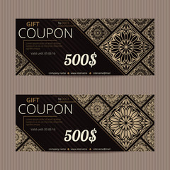 Gift voucher in luxury style. Vector discount card. Lacy floral tiles. Golden tiled ornament.