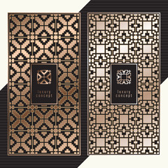 Luxury cards Art Deco style. Vector menu concept. Premium packaging design with logo. Copper gradient on black vouchers.