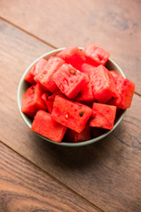 Watermelon / tarbooj fruit cube slices served in a bowl. selective focus