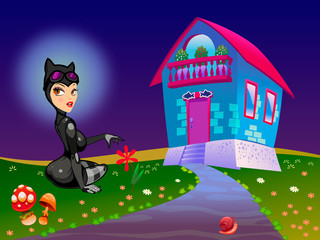 Cat girl near the house. Evening summer landscape, cartoon. Illustration, poster, postcard.