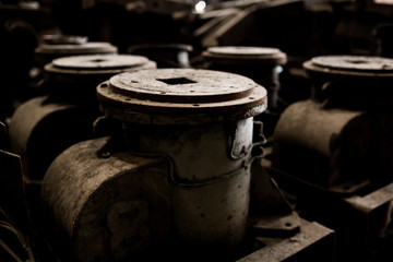 Old steel factory Retro photography Industrial, old factory, metal pipe, dark interior decoration of large hall for production or warehouse.soft focus.