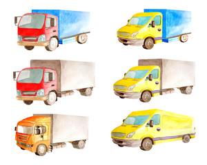 Watercolor set collection of light commercial red and yellow vehicles in white background isolated