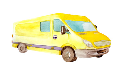 Watercolor yellow van truck with gray wheels and one window in the back  isolated on white background for postcards, business and children's cards, illustration of cargo transport