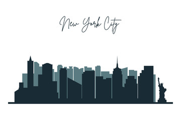Naklejka premium Silhouette of New York city. NYC urban skyline with skyscrapers, buildings and liberty statue. Vector.