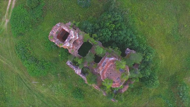 Top view from drone to The Church of the Kazan Icon of the Mother of God, destroyed in World War II. Village Russky Noviki, Novgorod region