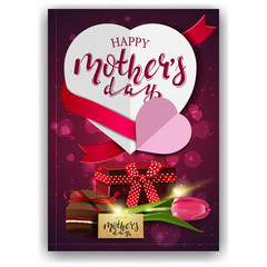 Naklejka premium Happy mother's day, modern red congratulations postcard with paper hearts, gift, Tulip and candy