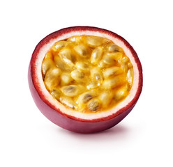Passion fruit isolated. Half of maracuya on white background. Passionfruit as package design element.