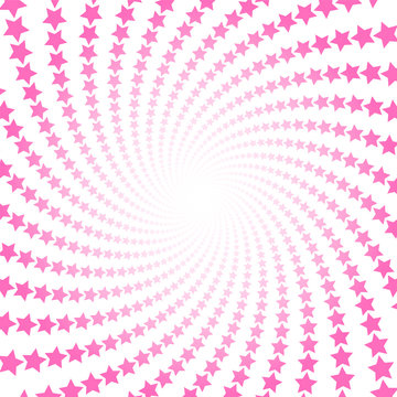 Pink stars, spiral pattern with bright center. Twisted circular fractal illustration, powerful, dynamically, happy design. Vector illustration on white background.