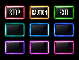 Stop sign. Caution, exit sign. Color rectangle electric neon signboards set. Glowing led square banners on black background. Empty advertising frame for flyer poster button. Light vector illustration.