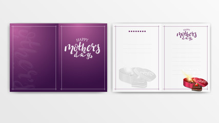 Happy mother's day, modern purple postcard ready to print with gift in the shape of a heart and candy
