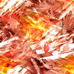 Watercolor seamless vintage background with a floral pattern, a branch of a rose flower, tulip, leaves, lavender, wild flower. Fashionable and stylish drawing. Abstract splash of red, yellow, white