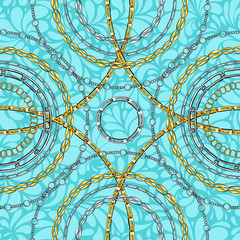 Damask seamless vector pattern with chains. Abstract ornate glamour turquoise blue texture. Golden and silver jewellery rings on blue background. Wallpaper, wrapping paper