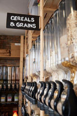 Dispensers For Cereals And Grains In Sustainable Plastic Free Grocery Store