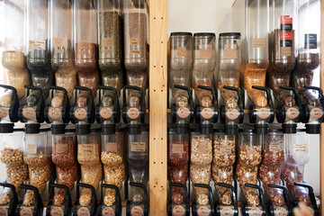 Dispensers For Nuts In Sustainable Plastic Free Grocery Store