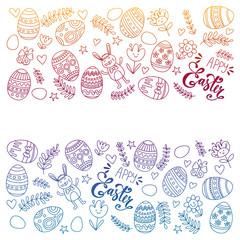 Happy Easter. Vector pattern with eggs, bunny, flowers.
