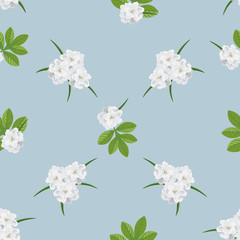 Printing with small white flowers,greenery.Blue background