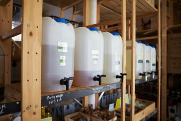 Dispensers For Body And Beauty Products In Sustainable Plastic Free Grocery Store