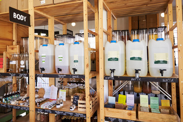 Dispensers For Body And Beauty Products In Sustainable Plastic Free Grocery Store