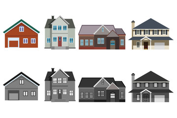 Set of four private homes in two color shapes, colored and black and white.