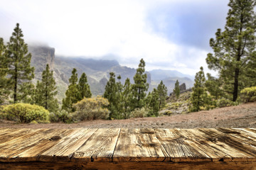 Wooden table background of free space for your decoration and summer landscape of mountains. 