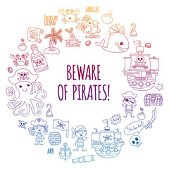 Vector pattern with pirate icons. Adventure, birthday party.