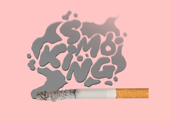 Smoking kills by huge cloud of smoke. Smoldering cigarette with the grey rounded word against trendy coral background. Modern design. Lettering, art collage. Concept of healthy lifestyle, bad habits.