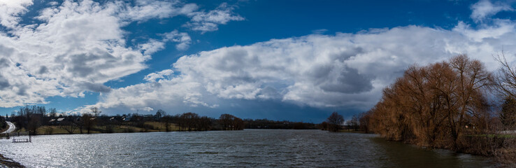 Panorama of the sky with a white cloud. copy space.