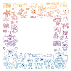 Obraz premium Vector pattern with pirate icons. Adventure, birthday party.