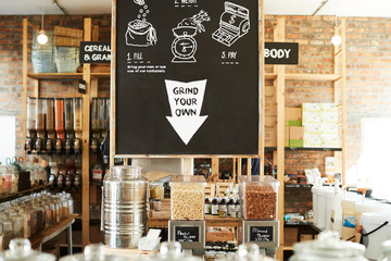 Dispensers For Almond Butter In Sustainable Plastic Free Grocery Store