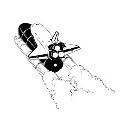 Hand drawn sketch of shuttle in black color, isolated on white background. Drawing for posters, decoration and print. Vector illustration