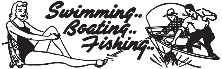 Swimming Boating Fishing  - Retro Ad Art Banner