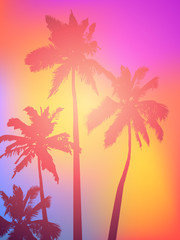 Background with silhouette of palm trees and tropical sunrise. Vector iilustration
