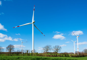 Windkraftanlagen auf einem Acker in Schleswig-Holstein im Frühling