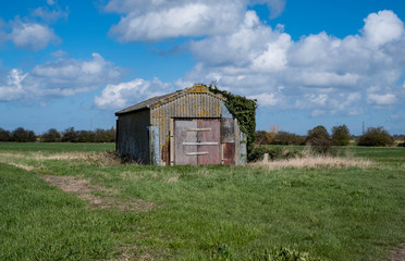 Old rusty corrugated iron barn in field