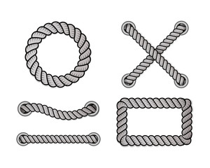 Rope for decoration and covering, nautical twisted rope knots. Round and square rope frames, cord borders. Decoration elements. Vector illustration.