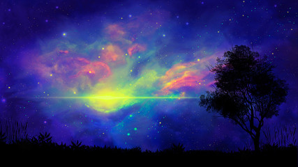 Space scene. Colorful nebula with land and tree silhouette. Elements furnished by NASA. 3D rendering