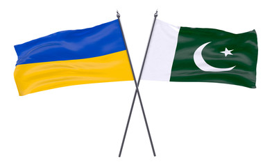 Ukraine and Pakistan, two crossed flags isolated on white background. 3d image