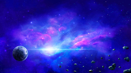 Space scene. Colorful nebula with planet and asteroid. Elements furnished by NASA. 3D rendering