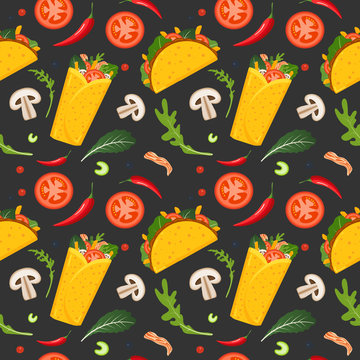 Mexican food seamless pattern. Burrito, taco, hot pepper and green lettuce. Colorful background, cute style. Vector illustration.