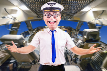 Funny cheerful pilot with glasses, background of cockpit plane. Crazy captain of air plane with...