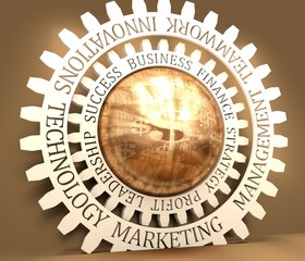 Dollar sign. Business relative words on the gear. 3D rendering