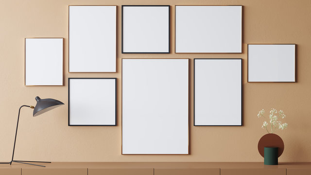 Empty posters on wall 3d render