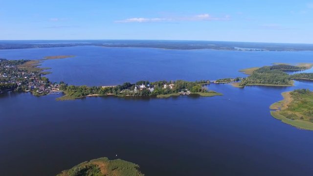 Aerial Panorama Of Lake Seliger And Town Of Ostashkov, Russia