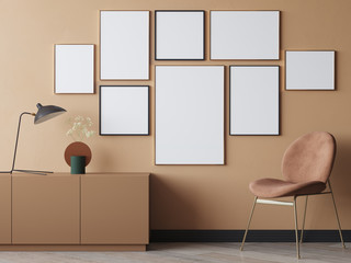Empty posters in modern interior 3d render