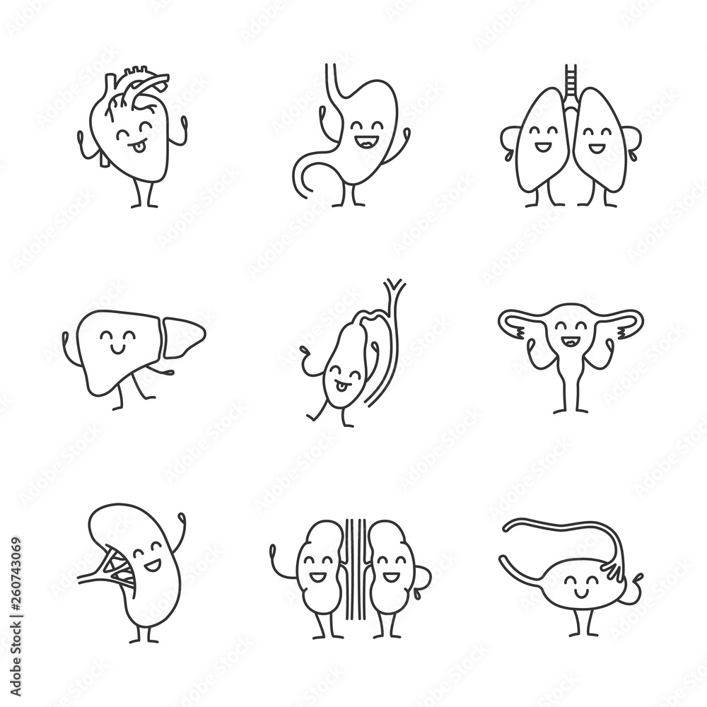 Poster smiling human internal organs characters linear icons set