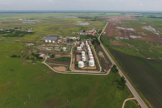 Aerial view of oil storage tanks